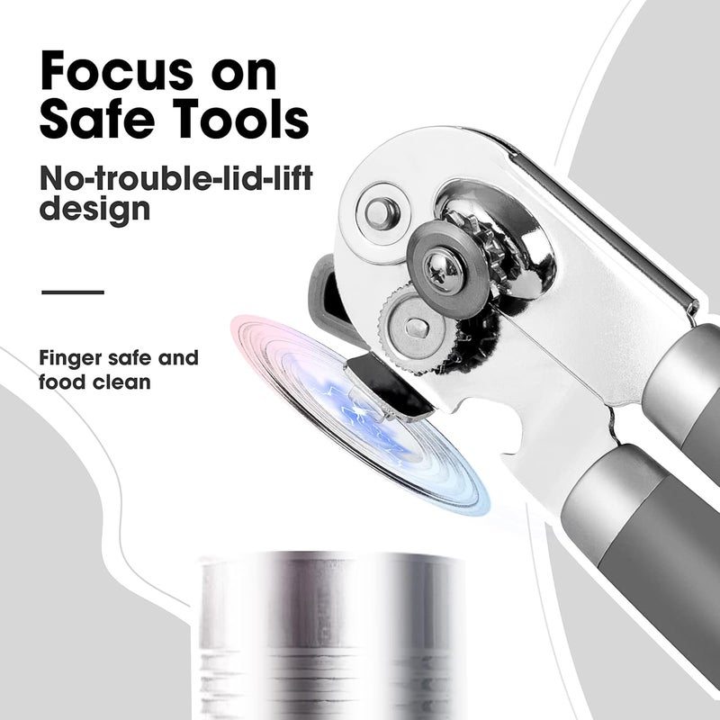 Beneno Heavy Duty Hand Can Opener Manual with Magnet, Durable Sharp Carbon Steel Blade Smooth Cutting, Big Effort-Saving Knob & Soft Grip Handle, Multifunctional Kitchen Tool with Bottle Opener, Gray - Image 5